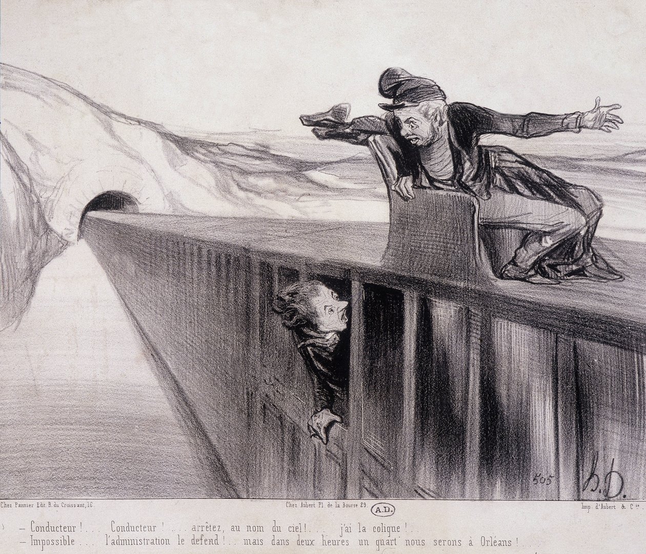 Sarjakuva Daumierista "" Les Chemins de Fer"", nd. 1800-luvulla tekijältä Honoré Daumier
