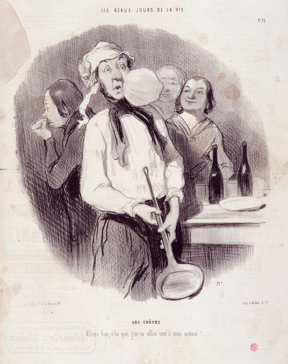 Sarjakuva kömpelö miehestä. Sarja "" Les Beaux Days de la Vie"": "" Les crepes... "" Kaiverrus Honore DAUMIER (1808-1879). Ote sanomalehdestä "" Le Charivari"" 14. marraskuuta tekijältä Honoré Daumier