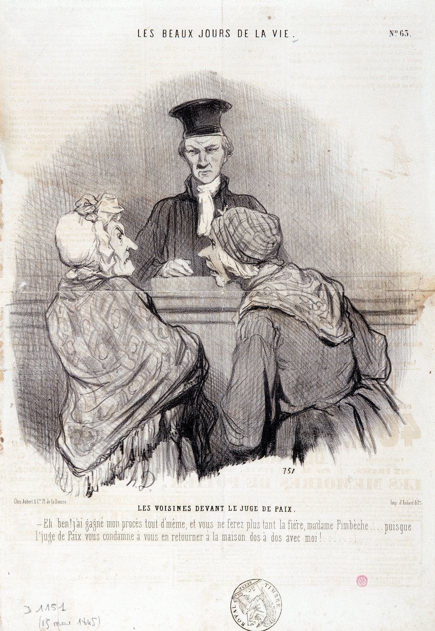 Sarja naapuruussuhteista: Sarja "" Elämän kauniit päivät"": "" Naapurit rauhantuomarin edessä..." Kaiverrus Honore DAUMIER (1808-1879). Ote sanomalehdestä "" Le Charivari"" 15. toukokuuta tekijältä Honoré Daumier