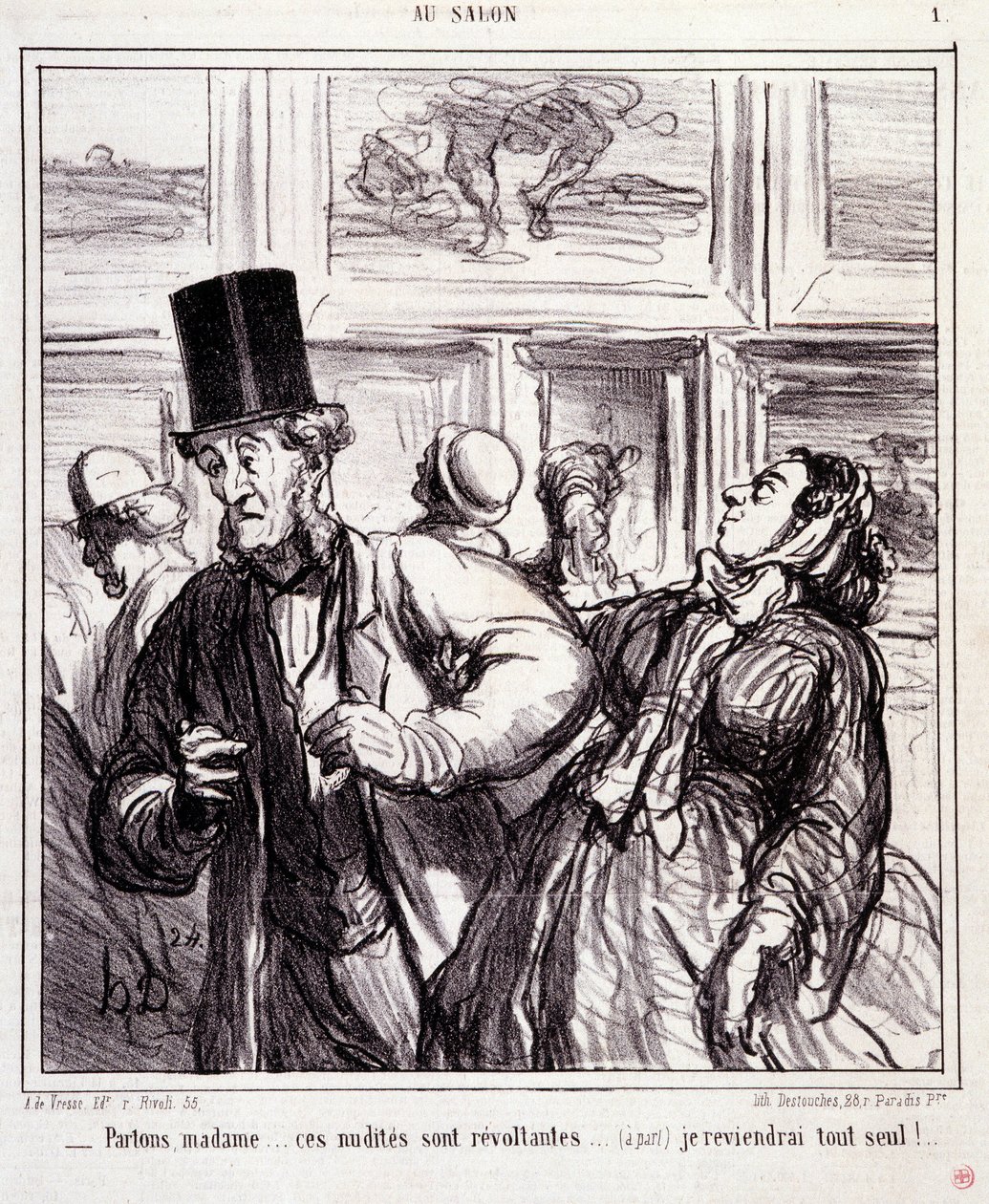Sarjakuva taiteen ystävistä: Sarja “” Au salon””: Jätetään, rouva... nämä alastot ovat vastustajia... Palaan kokonaan yksin”” Kaiverrus Honore DAUMIER (1808-1879). Ote sanomalehdestä "" Le Charivari"" 5. toukokuuta tekijältä Honoré Daumier