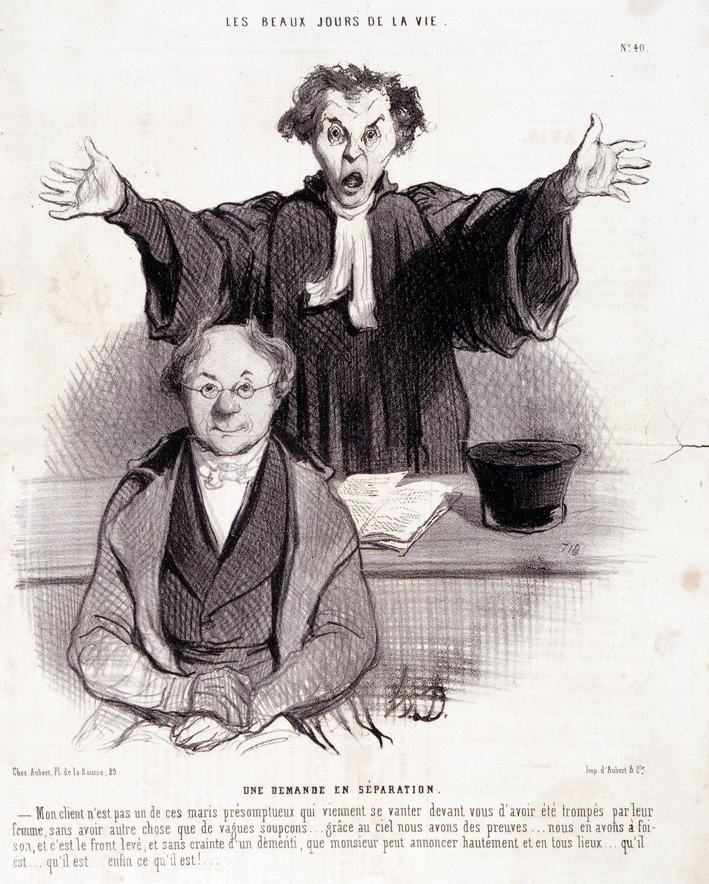 Sarjakuva avioeroista: Sarja "" Elämän kauniit päivät"": "" Eropyyntö..."". Kaiverrus Honore DAUMIER (1808-1879). Ote sanomalehdestä "" Le Charivari"" 29. tammikuuta tekijältä Honoré Daumier