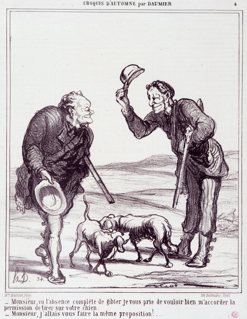 Sarjakuva metsästäjistä: Sarja "" Autumn Sketch"": "" Sir, koska riistaa ei ole lainkaan, antakaa minulle lupa ampua koirasi..." Kaiverrus Honore DAUMIER (1808-1879). Ote sanomalehdestä "" Le Charivari"" 28. syyskuuta tekijältä Honoré Daumier