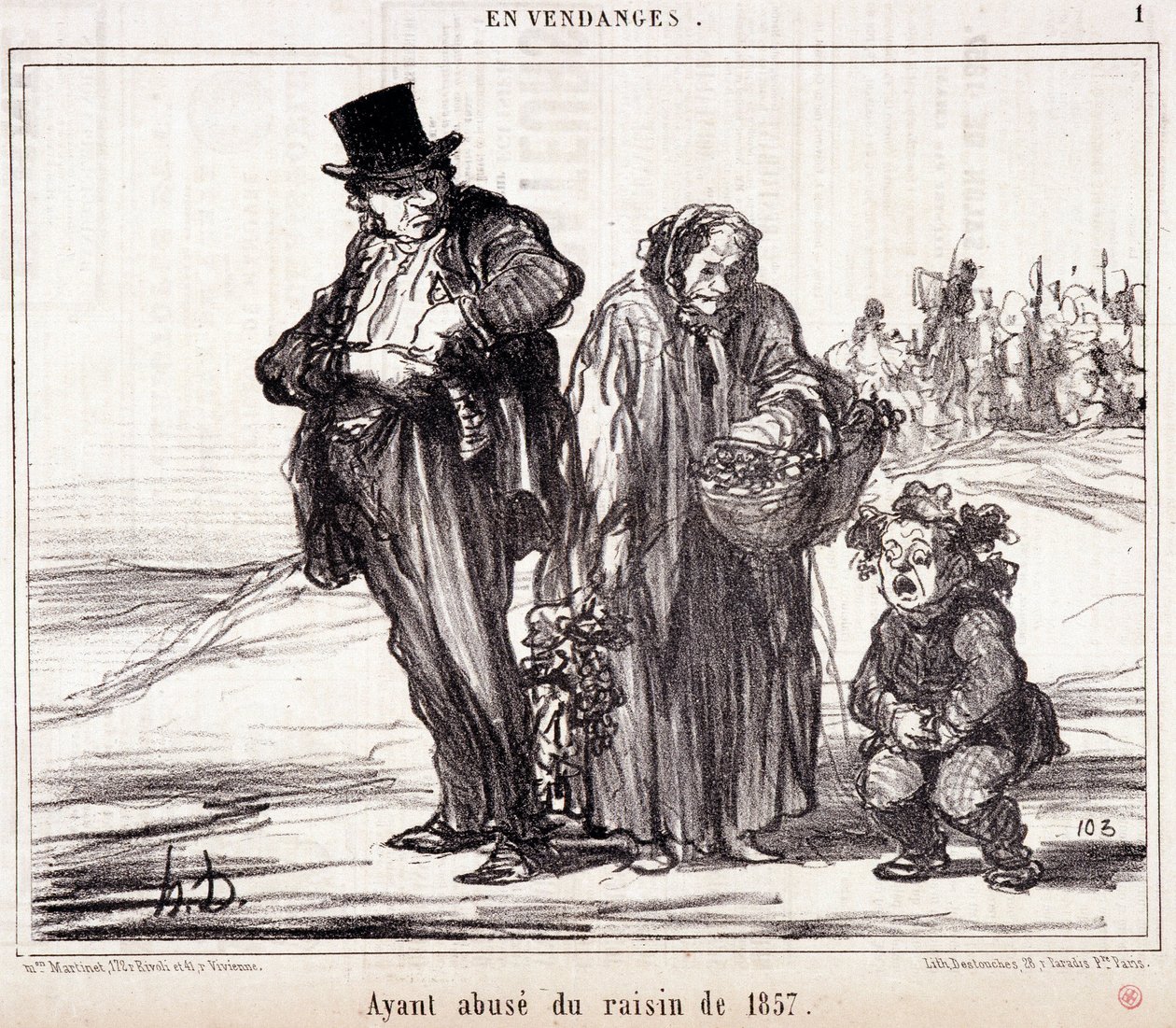 Sarjakuva viininviljelystä. Sarja "" Autumn Sketch"": "" Harvestissa. 1857:n viinirypäleiden väärinkäyttö”. Kaiverrus Honore DAUMIER (1808-1879). Ote sanomalehdestä "" Le Charivari"" 16. lokakuuta tekijältä Honoré Daumier