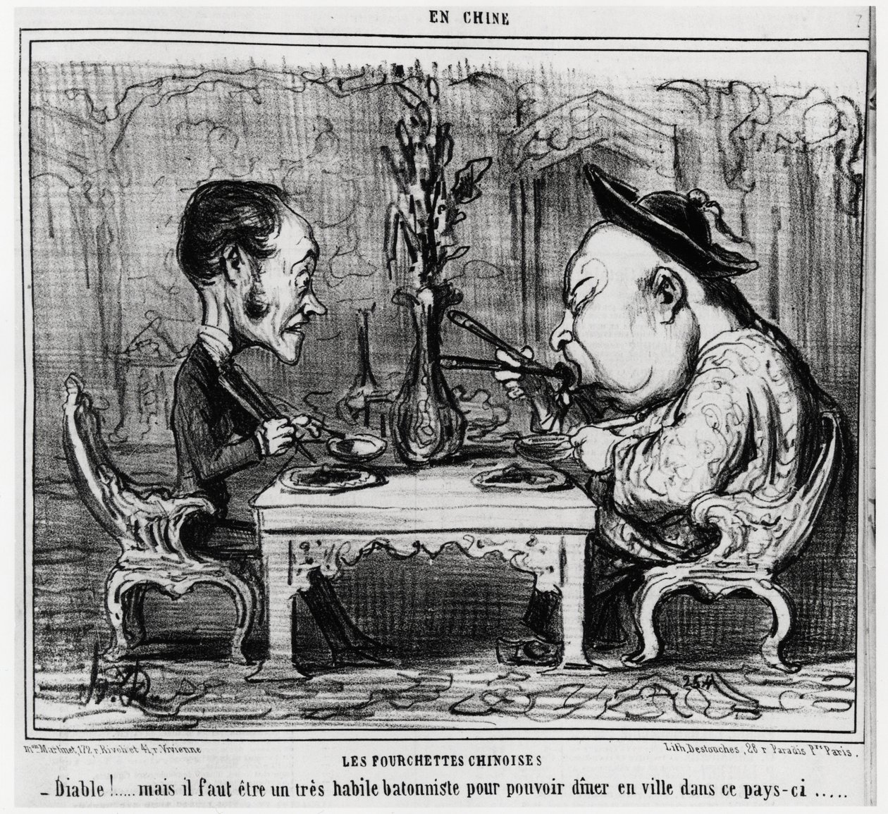 Kiinalaiset haarukat: "" Paholainen! mutta sinun on oltava erittäin taitava batonisti voidaksesi ruokailla tämän maan kaupungissa. "", sarjassa En Chine, Honore Daumierin (1808-1879) kuvitus, julkaistu Charivarissa" tekijältä Honoré Daumier