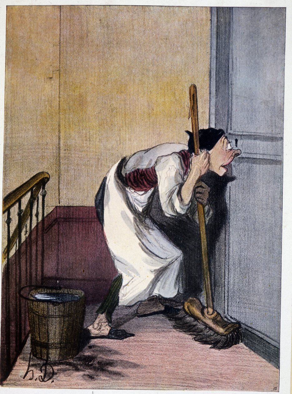 Concierge katselee avaimenreiästä - piirustus Daumier, n.d. 19. tekijältä Honoré Daumier