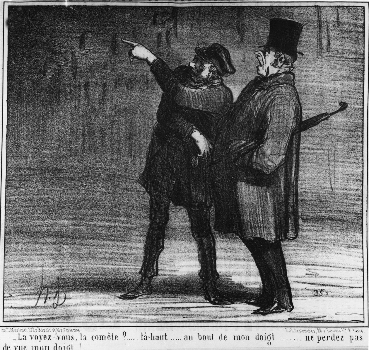 Näetkö komeetan? ylös... sormeni päässä... älä unohda sormeani!... , sarjakuva Honore Daumier (1808-1879). "Charivari" tekijältä Honoré Daumier