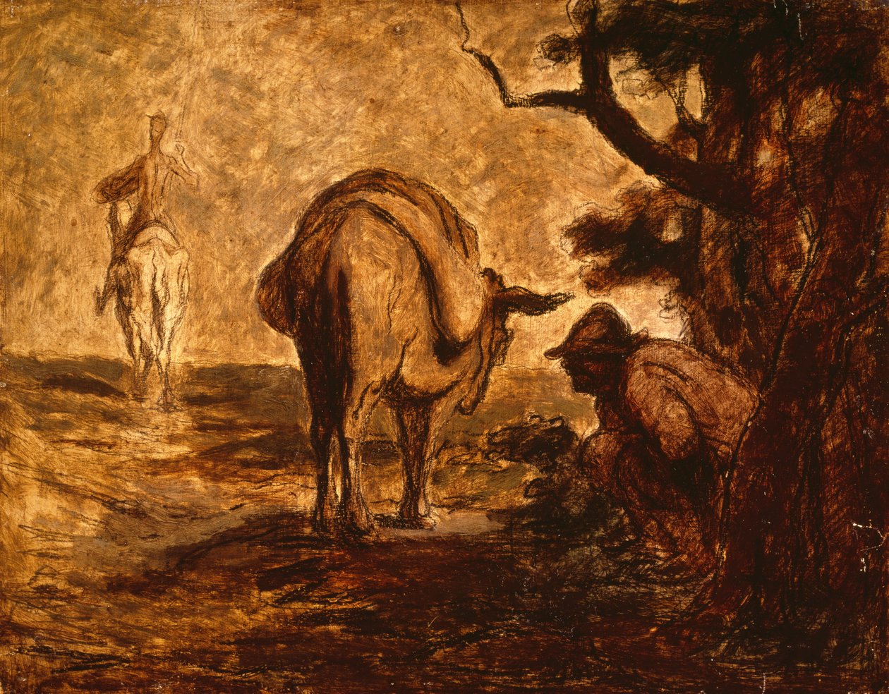 Don Quijote ja Sancho Panza helpottavat itseään, n. 1855 tekijältä Honoré Daumier