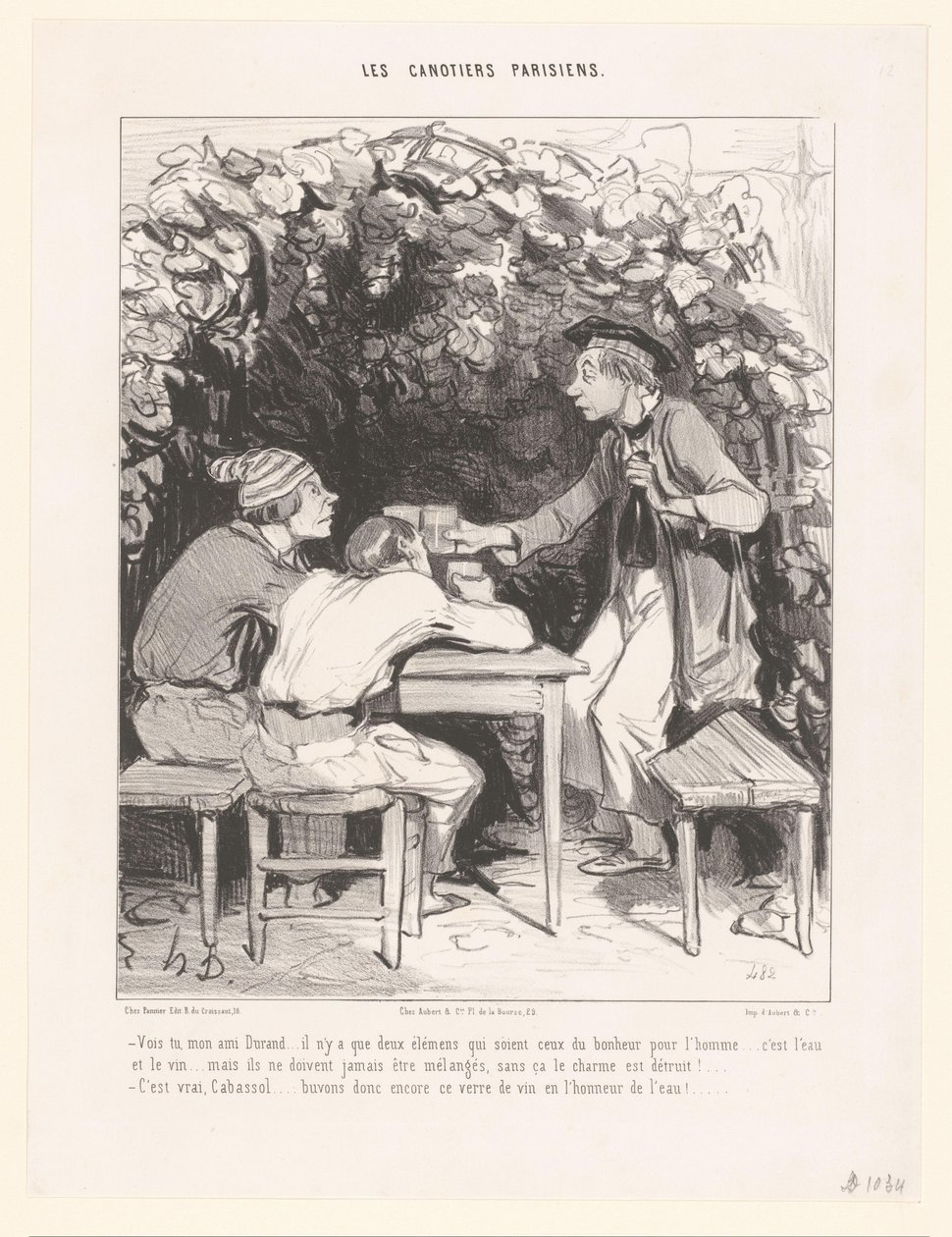 Kolme miestä paahtamassa viinilasillisen kanssa Vois tu, mon ami Durant (...) (otsikko esineessä) Pariisin kipparit (sarjan nimi) Les canotiers parisiens (sarjan nimi esineessä) tekijältä Honoré Daumier