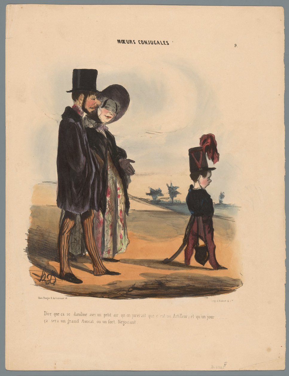Echtpaar wandelt met kind Sanoa, että se kahlaa pienellä ilmalla (...) (otsikko esineessä) Gezinsituaties (sarjan nimi) Aviomoraalit (sarjan nimi esineellä) tekijältä Honoré Daumier