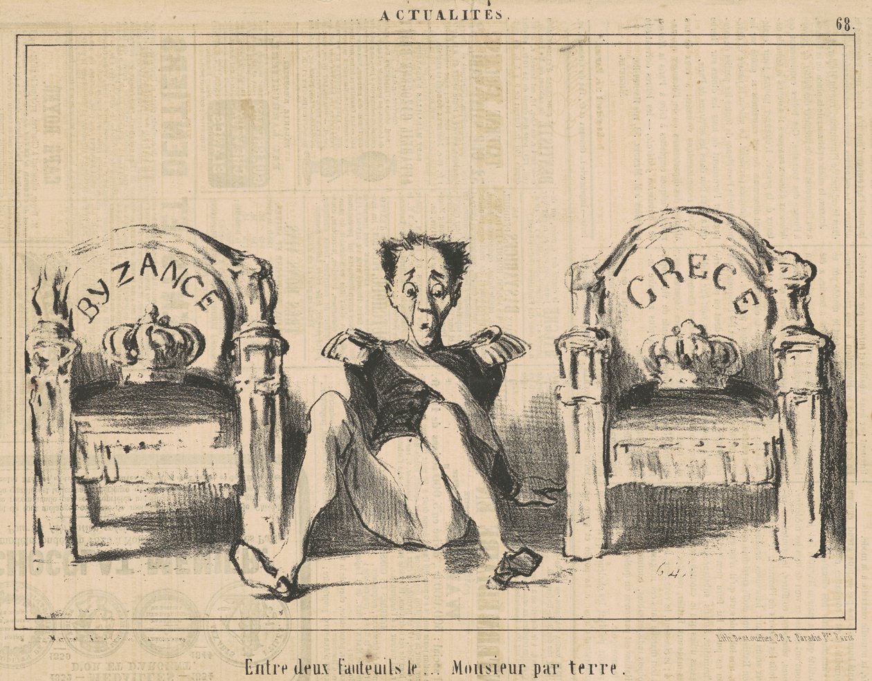Kahden nojatuolin välissä herrasmies lattialla tekijältä Honoré Daumier