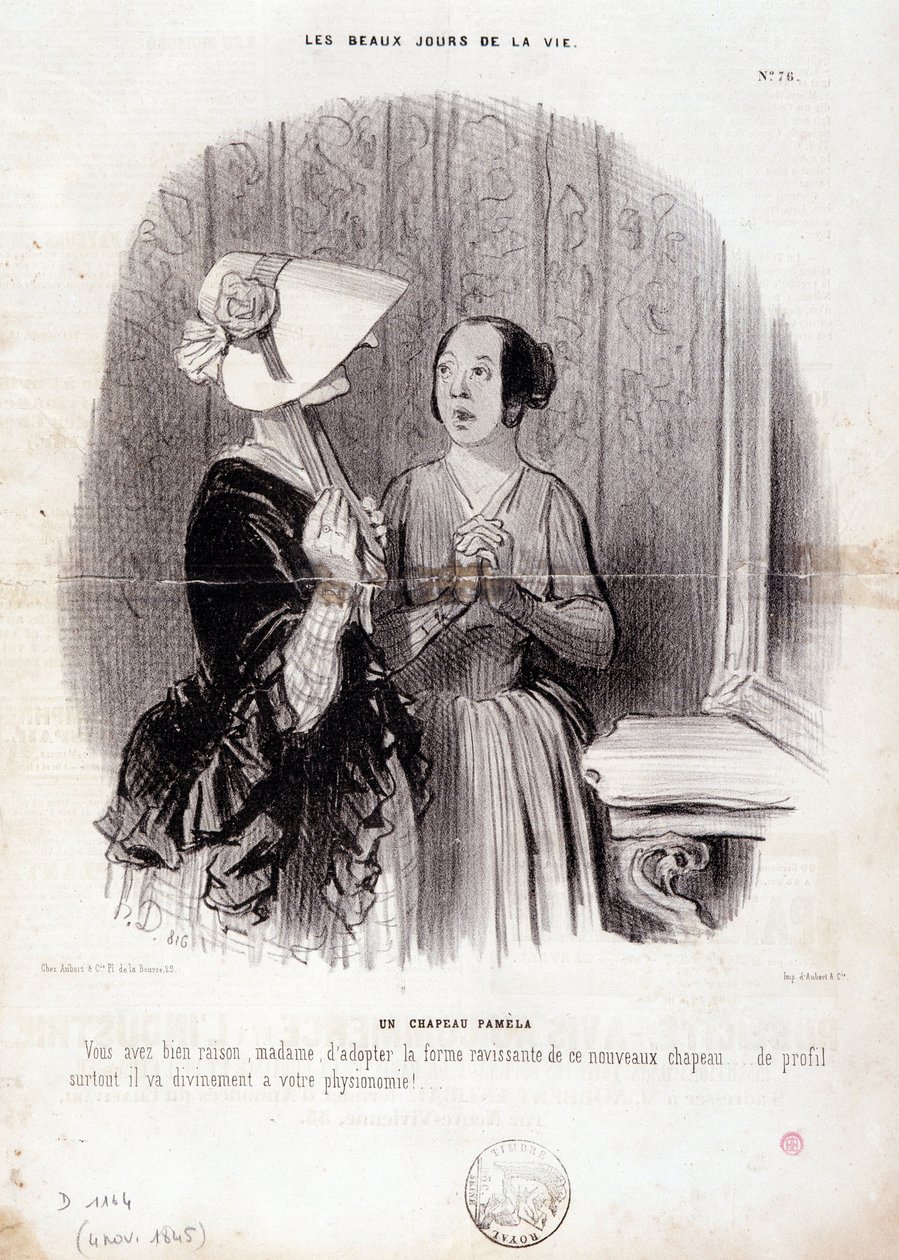 Muoti sarjakuva. Sarja "" Elämän kauniit päivät"": "" Pamela-hattu..."" 4. marraskuuta tekijältä Honoré Daumier