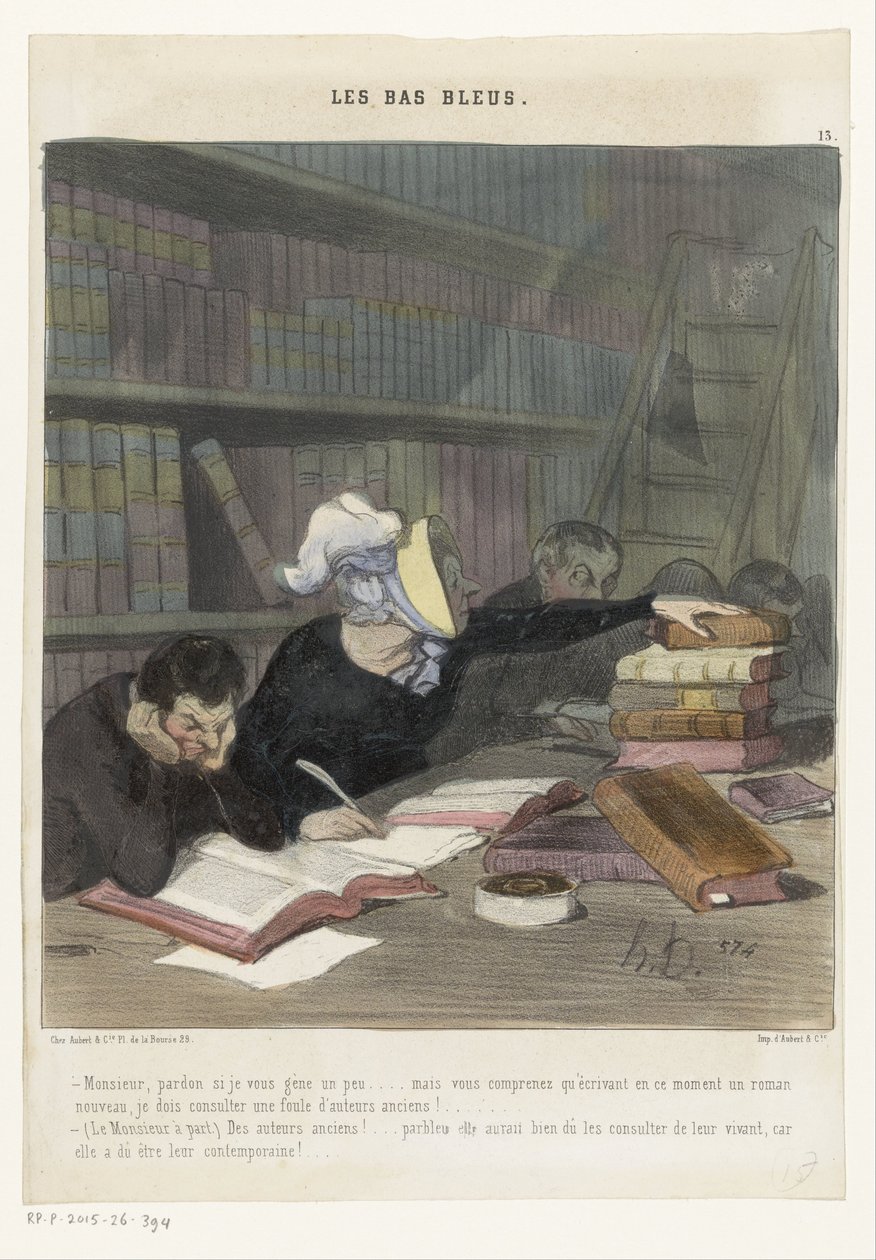 Figuurit lukupöydän takana yleisessä kirjastossa Les Bas Bleus (sarjan nimi esineellä) tekijältä Honoré Daumier