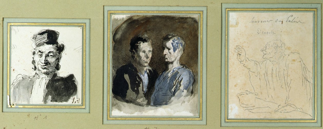 Edestä asianajaja, kaksi syytettyä ja asianajaja (lyijykynä, pesukone, wc ja muste paperille) tekijältä Honoré Daumier
