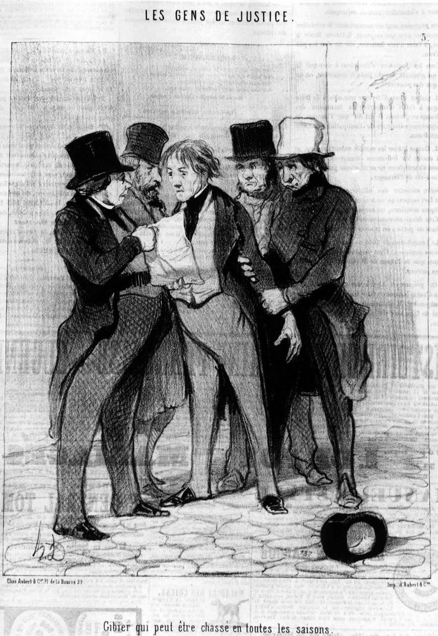 Riista, jota voi metsästää kaikkina vuodenaikoina, Honore Daumierin (1808-1879) "Gens de Justice" -sarjakuvasarjasta. "Charivari" tekijältä Honoré Daumier