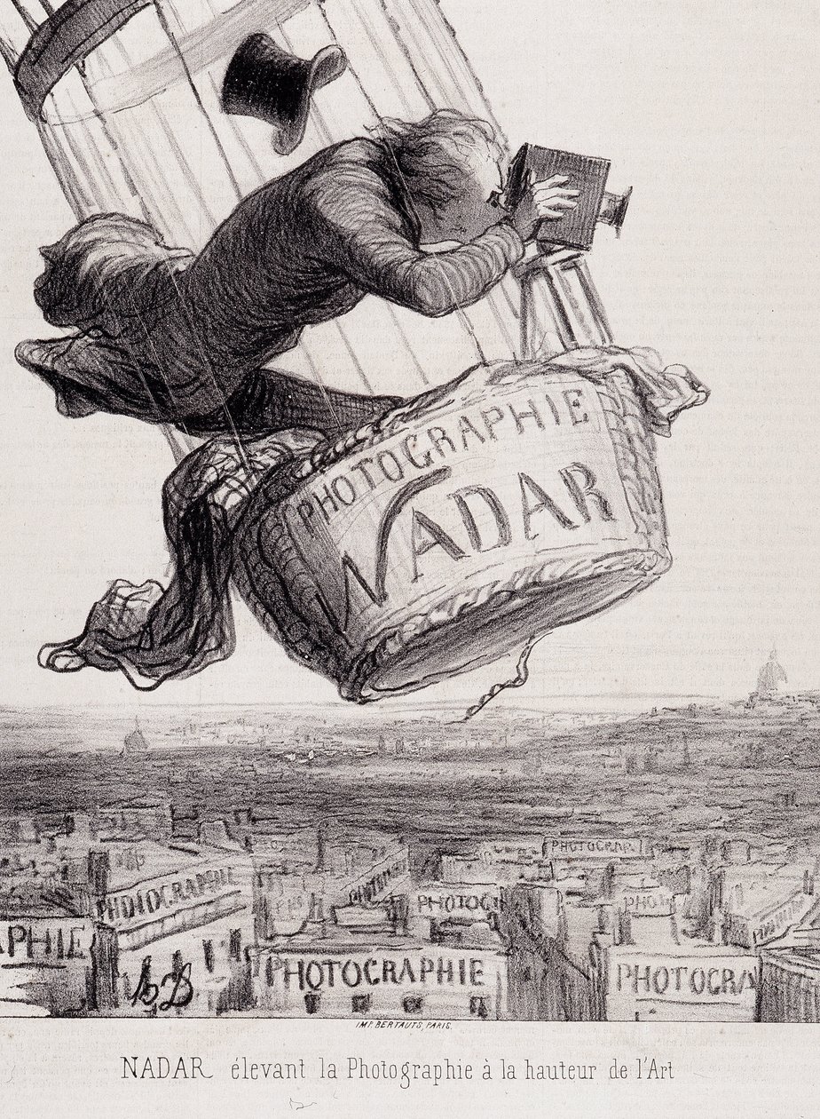 Gaspard Felix Tournachon Felix Nadarissa (1820-1910) nostaa valokuvauksen taiteen huipulle. Litografia pohjautuu paperille piirustukseen. Mitat: 29 x 41 cm. tekijältä Honoré Daumier