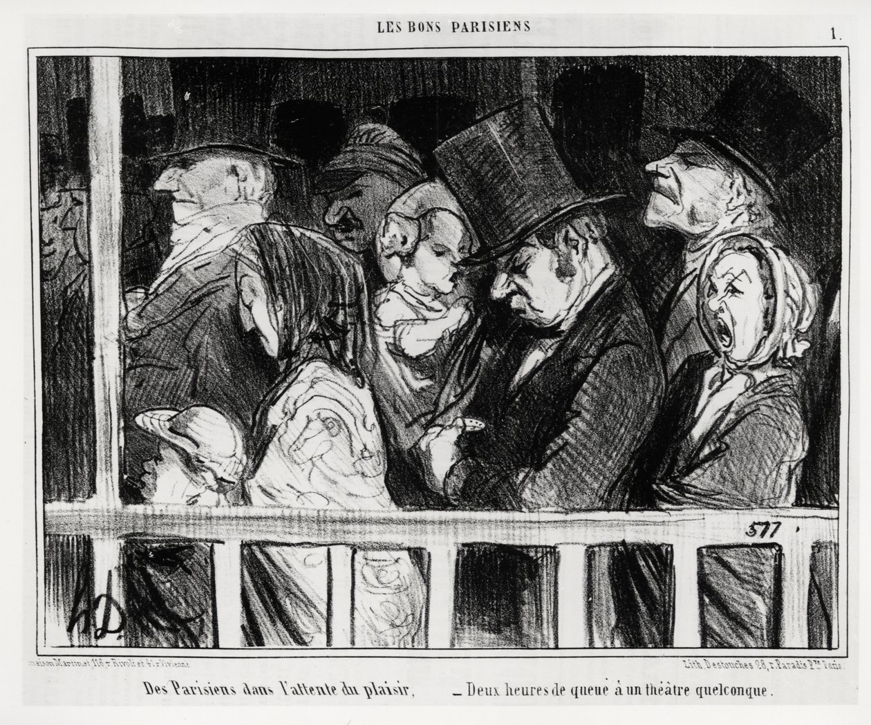 Hyvät pariisilaiset: Pariisilaiset odottavat hauskanpitoa, kaksi tuntia häntää on jonkinlaista teatteria. Honore Daumierin (1808-1879) kuvitus, julkaistu Charivarissa, 5. maaliskuuta tekijältä Honoré Daumier