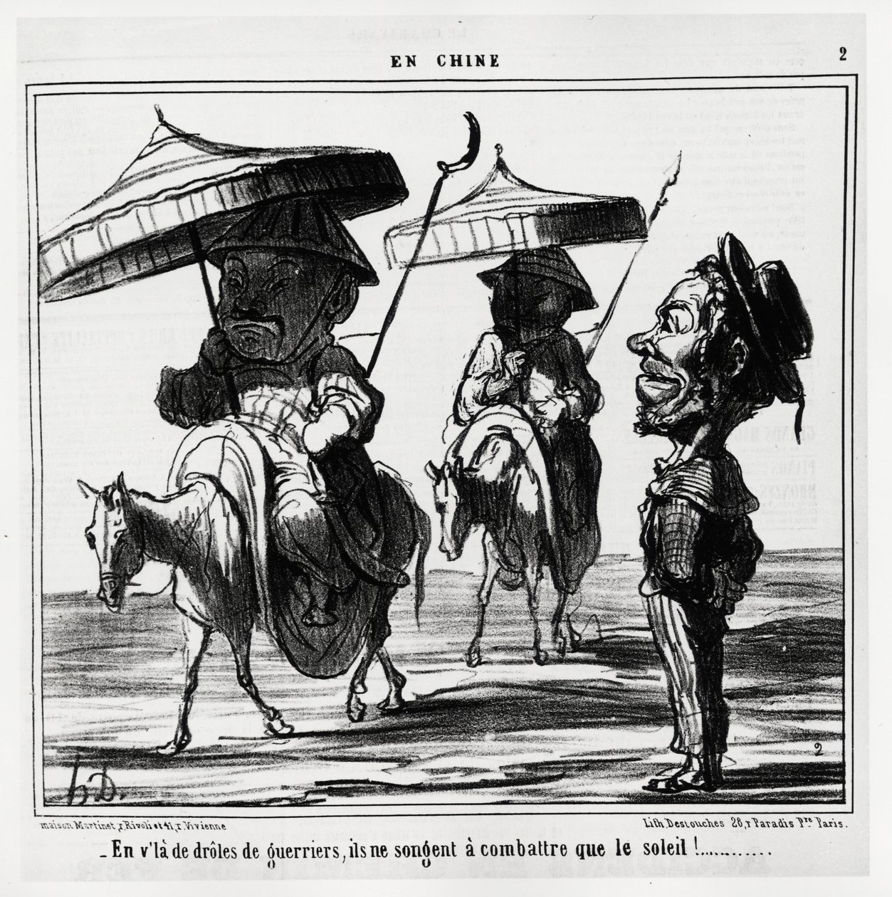 Näissä hauskoissa sotureissa he ajattelevat vain taistelua aurinkoa vastaan. Sarjassa En Chine, Honore Daumierin (1808-1879) kuvitus, julkaistu Charivarissa, päivätty 8. tammikuuta tekijältä Honoré Daumier