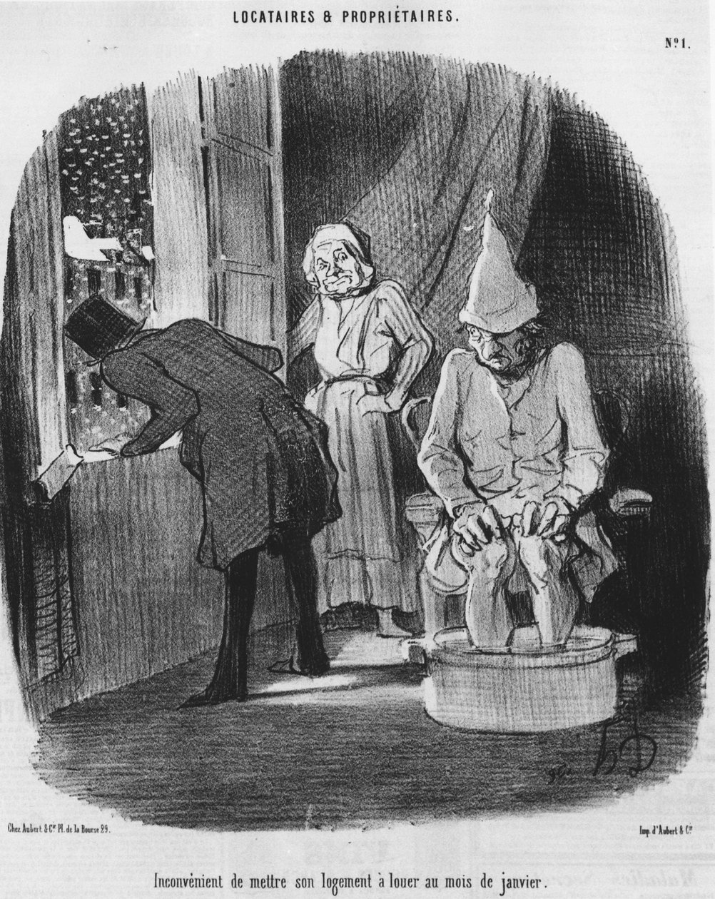 Epämukavaa vuokrata asuntonsa tammikuussa, otettu Honore Daumierin (1808-1879) sarjakuvasarjasta "" Tenants et Owners". “Charivari” tekijältä Honoré Daumier