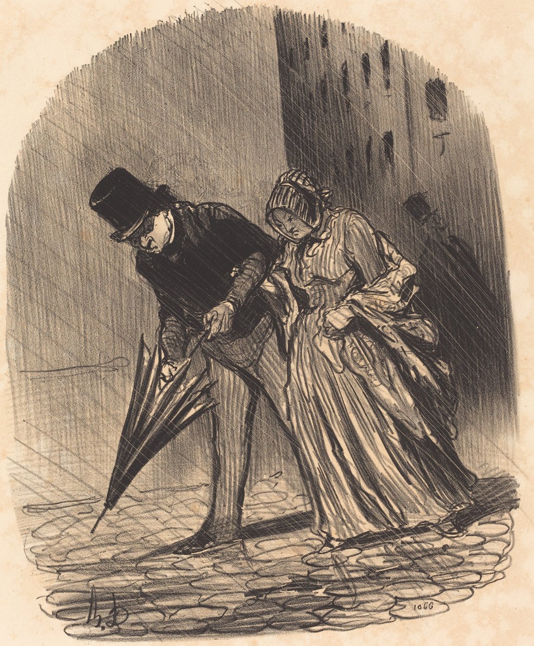 Liian monimutkaisilla jousilla varustetun sateenvarjon haitta tekijältä Honoré Daumier