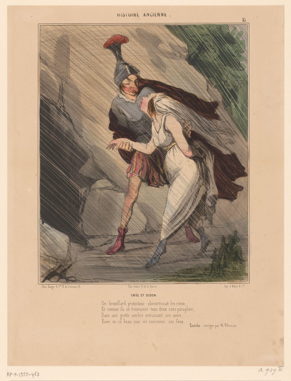 Karikatyyri Aeneasta ja Didosta Enée et Didon (otsikko esineessä) Karikatyyrit antiikin hahmoista (sarjan nimi) Histoire ancienne (sarjan nimi esineessä) tekijältä Honoré Daumier