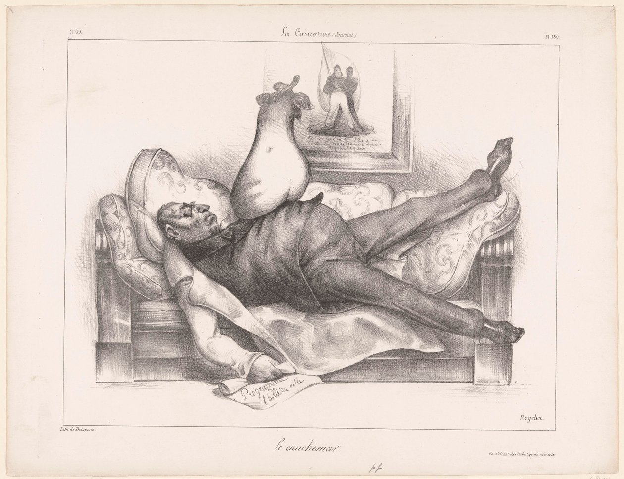 Karikatyyri Gilbert du Motierista, markiisi de la Fayette, painajaisen aikana Le cauchemar (otsikko esineessä) tekijältä Honoré Daumier