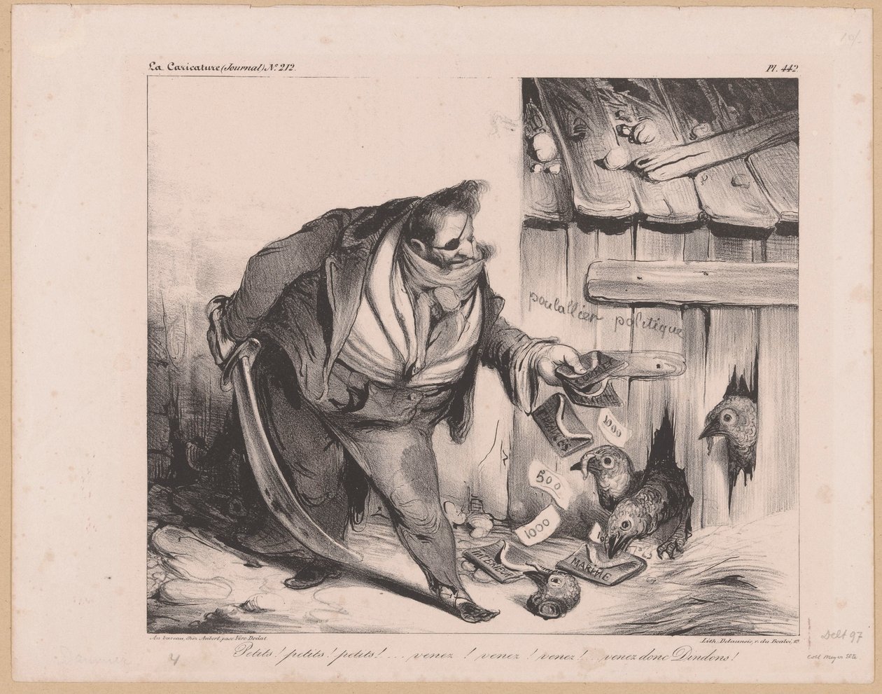 Karikatyyri Ranskan kuningas Ludvig Philip I rosvona Petits! pets! pets! (...) Venez donc dindons! (otsikko esineessä) tekijältä Honoré Daumier