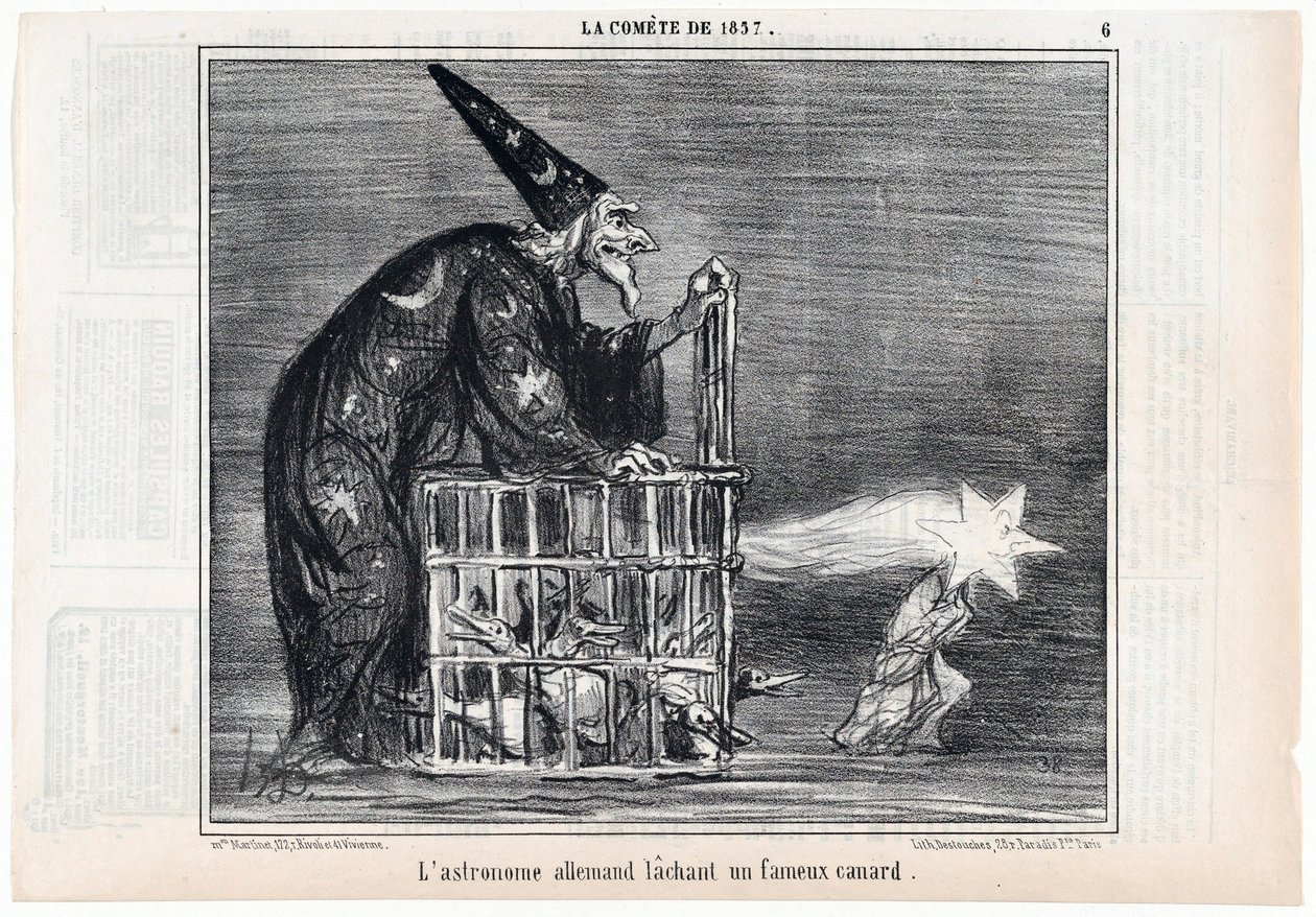 Vuoden 1857 komeetta, saksalainen tähtitieteilijä, joka vapautti kuuluisan ankan Le Charivarin pubista. 1858. tekijältä Honoré Daumier