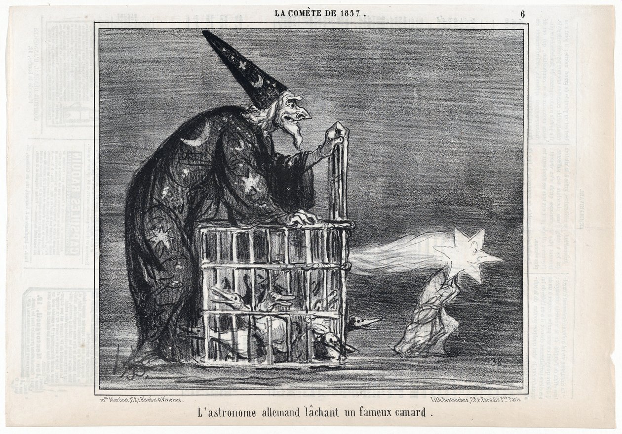 Vuoden 1857 komeetta, "Saksalainen tähtitieteilijä, joka vapautti kuuluisan ankan", Le Charivarista, pubista. 1858 (kaiverrus) tekijältä Honoré Daumier