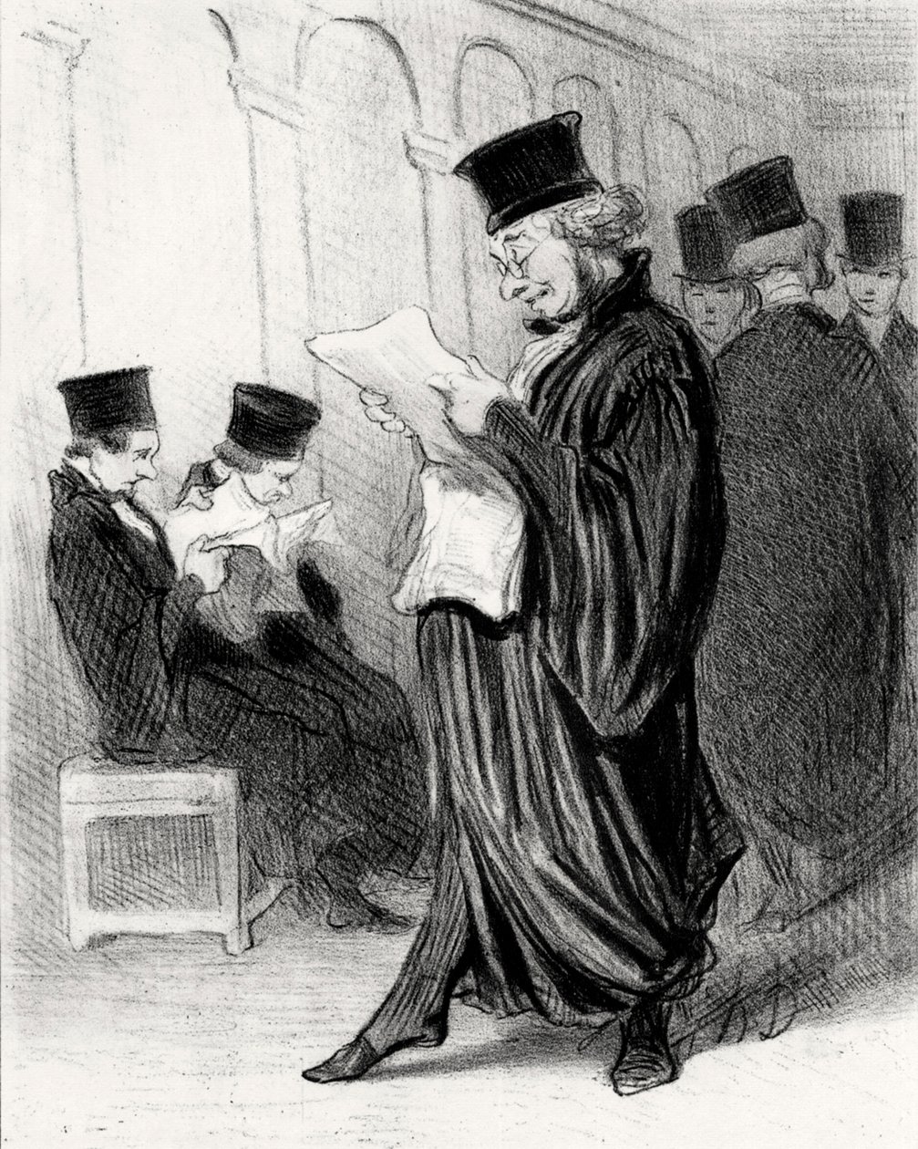 Lakimies Chabotard lukiessaan oikeudellisesta lehdessä muistopuheen itsestään, 1846. tekijältä Honoré Daumier