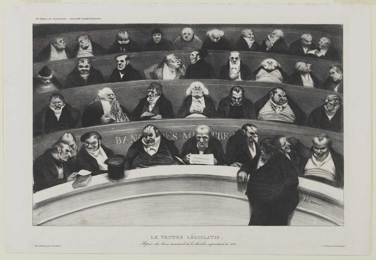 Le Ventre Législatif: Aspect des benches ministériels de la chambre improstitée de 1834 tai The Legislative Belly: Näkymä vuoden 1834 prostituutiokamarin ministeripenkeistä tekijältä Honoré Daumier