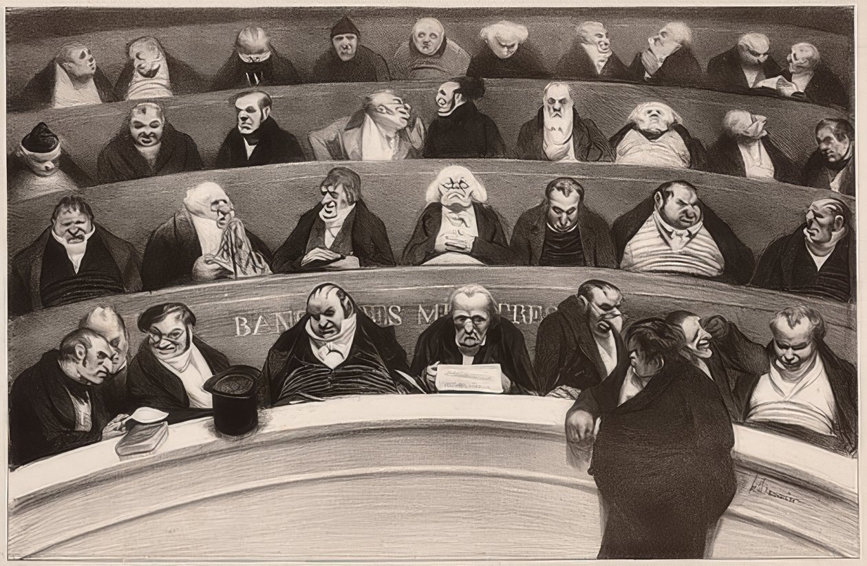 Le Ventre législatif. Aspects des bancs ministériels de la chambre improstituée de 1834 / Legislative belly. Näkymä ei-prostituoitujen kammion kaappipenkeistä vuodelta 1834. 1834 tekijältä Honoré Daumier