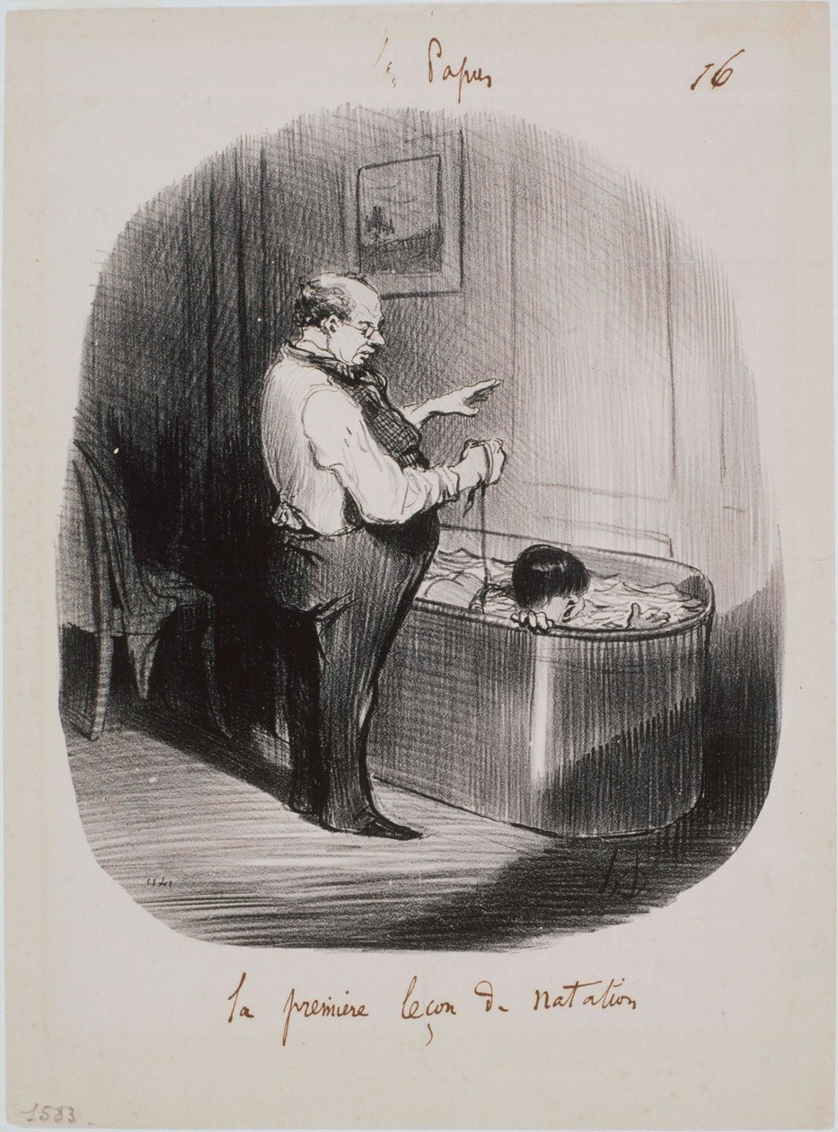 Les Papas- La premier leçon de natation tekijältä Honoré Daumier
