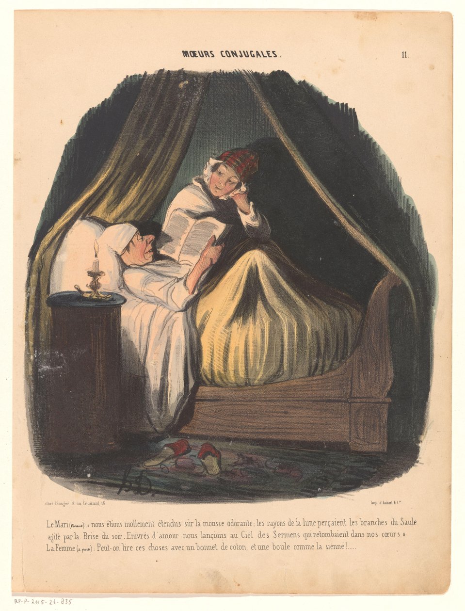 Lukeva mies sängyssä vaimonsa vieressä Avioliittotottumukset (sarjan nimi) Moeurs conjugales (sarjan nimi esineessä) tekijältä Honoré Daumier