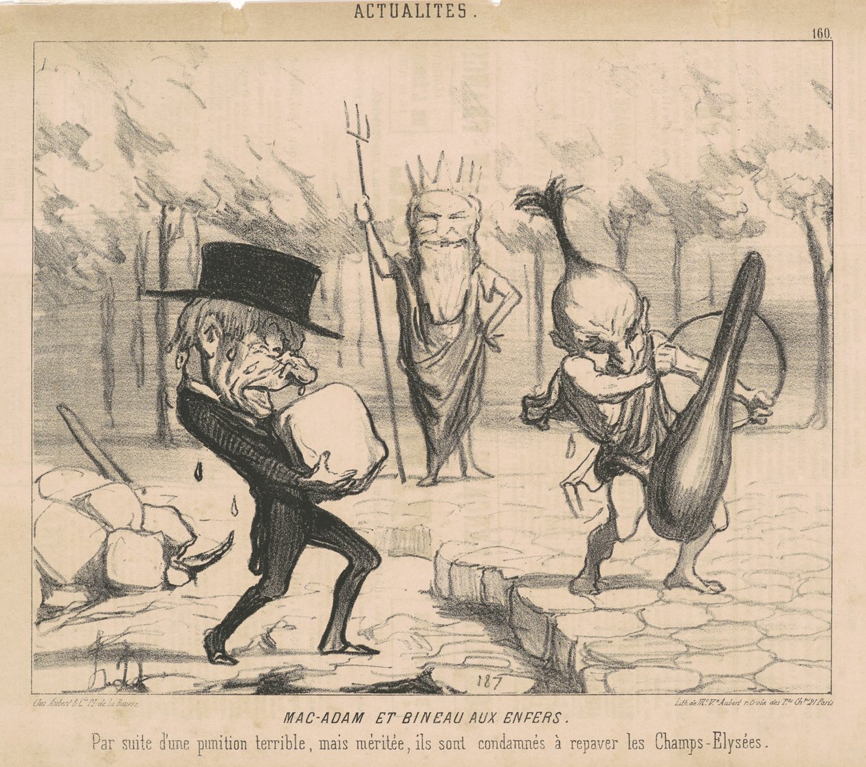 Mac-Adam [sic] ja Bineau helvetissä. Kauhean mutta ansaitun rangaistuksen jälkeen heidät tuomitaan päällystämään Champs Elysées uudelleen. tekijältä Honoré Daumier