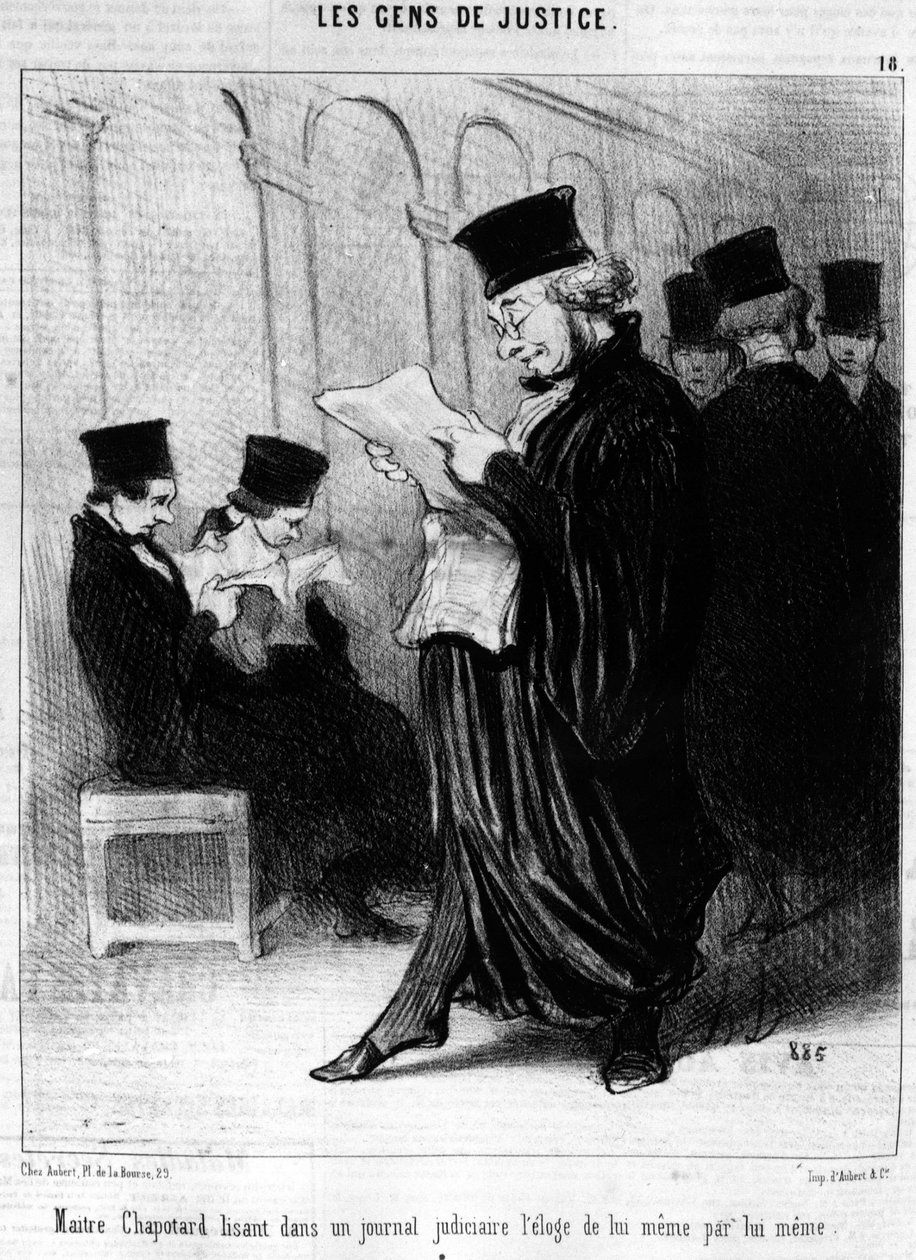 Maitre Chapotter lukee oikeudellisesta päiväkirjasta itseään ylistäviä Honore Daumierin (1808-1879) "Gens de Justice" -sarjasta, sarjasta oikeudenmukaisuutta. “Charivari” tekijältä Honoré Daumier