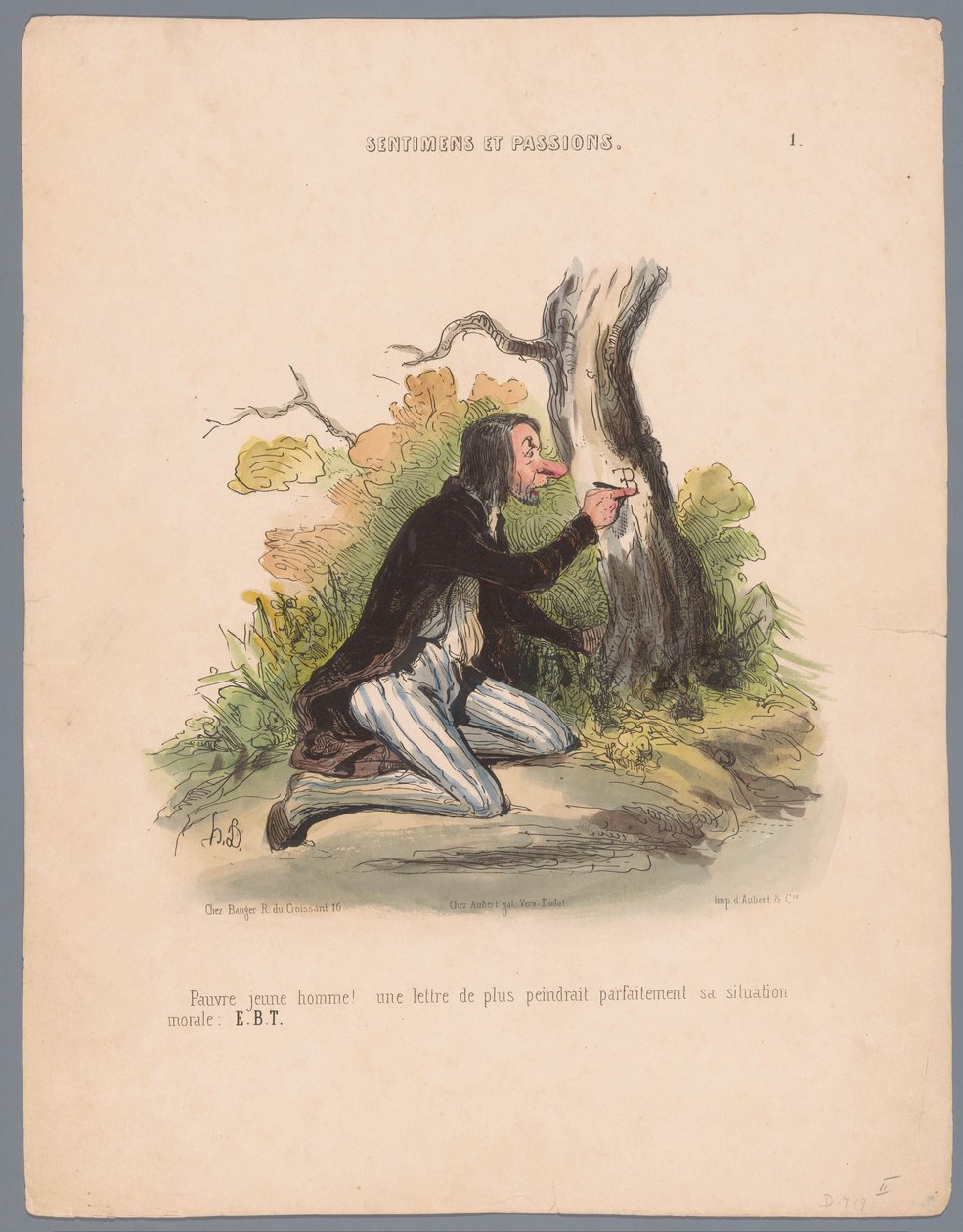 Mies kaivertaa nimikirjaimet puun kuoreen Pauvre jeune homme! (...) (otsikko objektissa) Intohimot ja tunteet (sarjan nimi) Sentimens et passions (sarjan nimi esineellä) tekijältä Honoré Daumier
