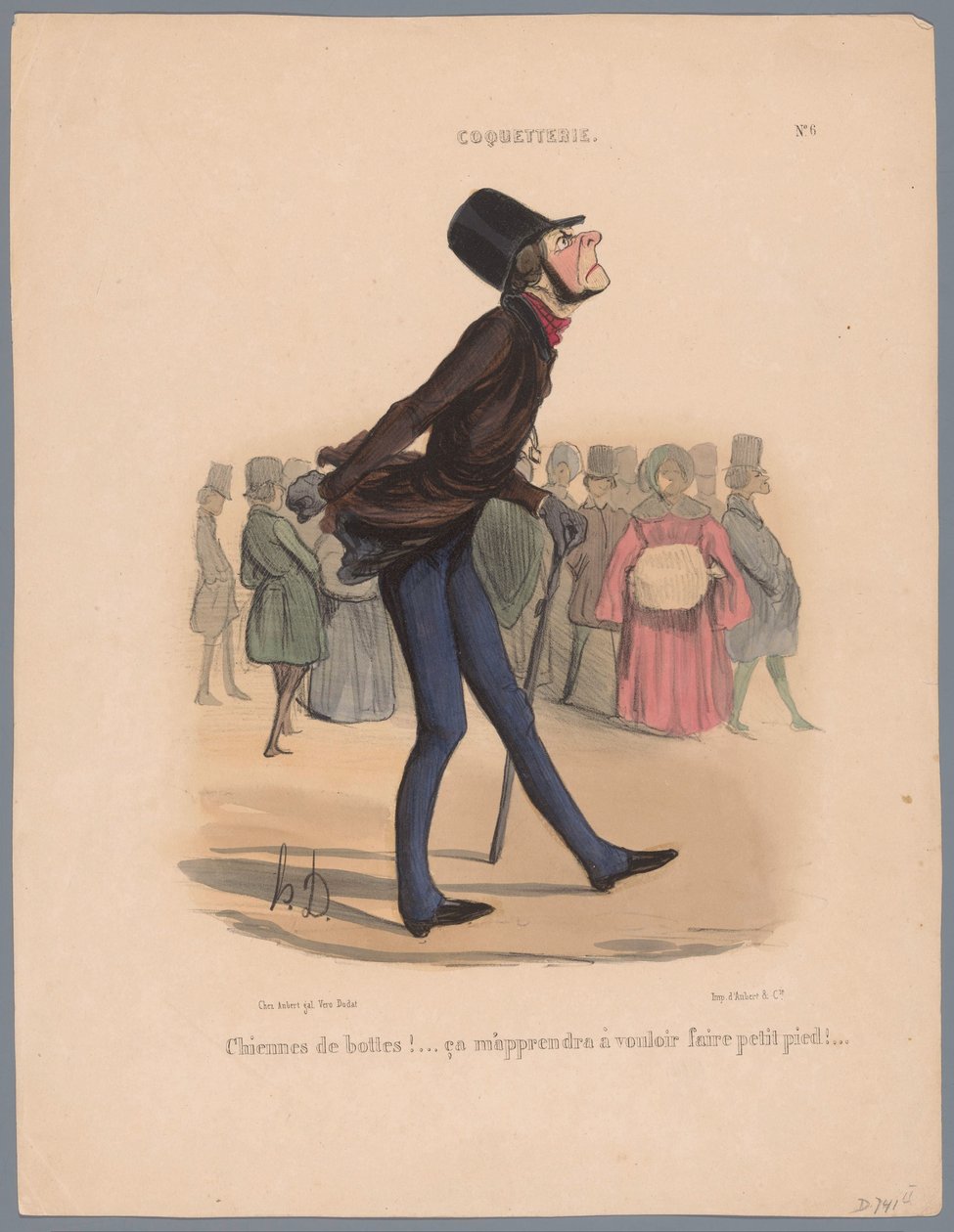Mies kävelee liian pienissä kengissä Chiennes de bottes! (...) (otsikko objektissa) Vanity (sarjan nimi) Coquetry (sarjan nimi esineellä) tekijältä Honoré Daumier
