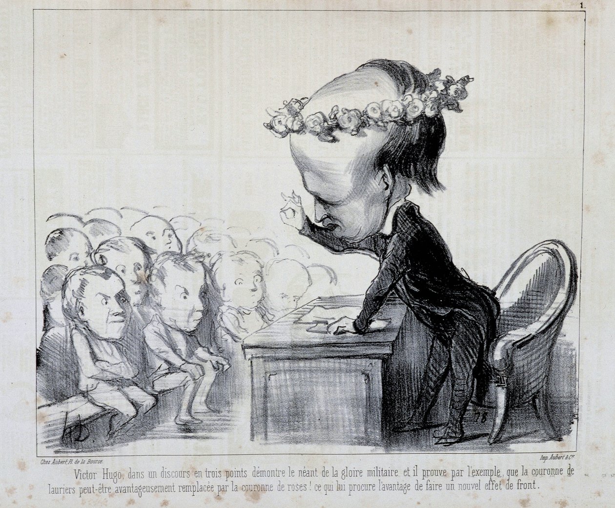 Muistoja rauhankongressista: Victor Hugo (sarjan nro 1) - kirjoittanut Daumier, "" Charivari" -julkaisussa 6.9.1849 tekijältä Honoré Daumier