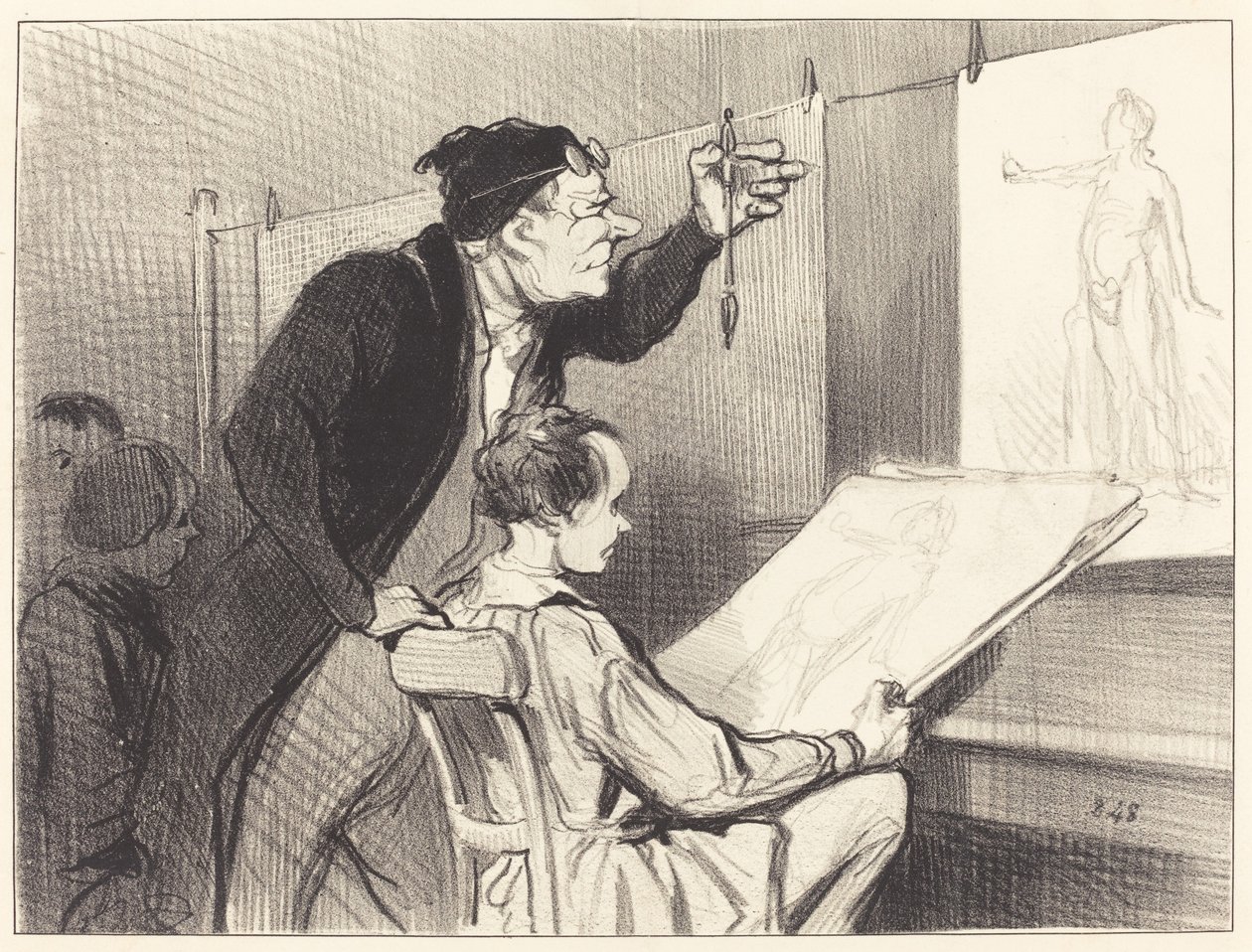 Piirustusopettajan tuskallinen ja herkkä tehtävä... tekijältä Honoré Daumier
