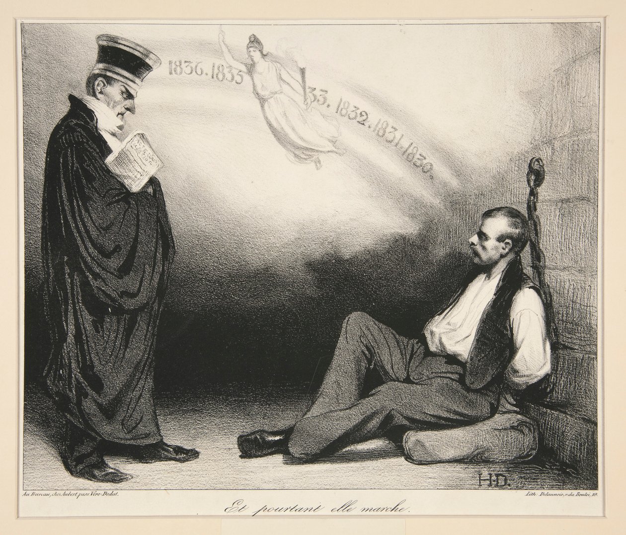 Moderni Galilea. Ja silti hän kävelee. (A Modern Galileo. Ja silti hän liikkuu), pl. 436 La Caricature -lehdestä nro. 209 tekijältä Honoré Daumier