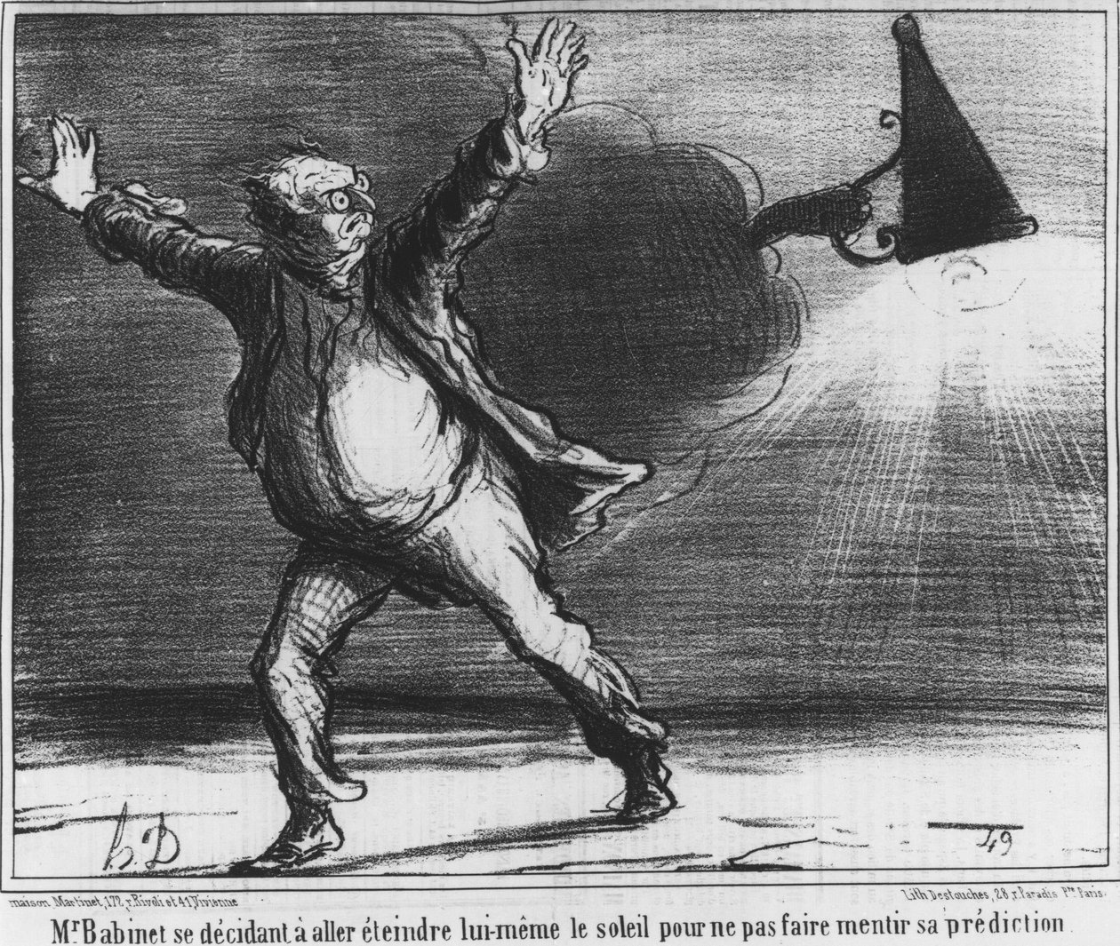 Monsieur Babient päätti mennä ja sammuttaa auringon itse, jotta hänen ennustuksensa ei olisi valhe, karikatyyri Honore Daumierin komeetta vuodelta 1857 (1808-1879). tekijältä Honoré Daumier