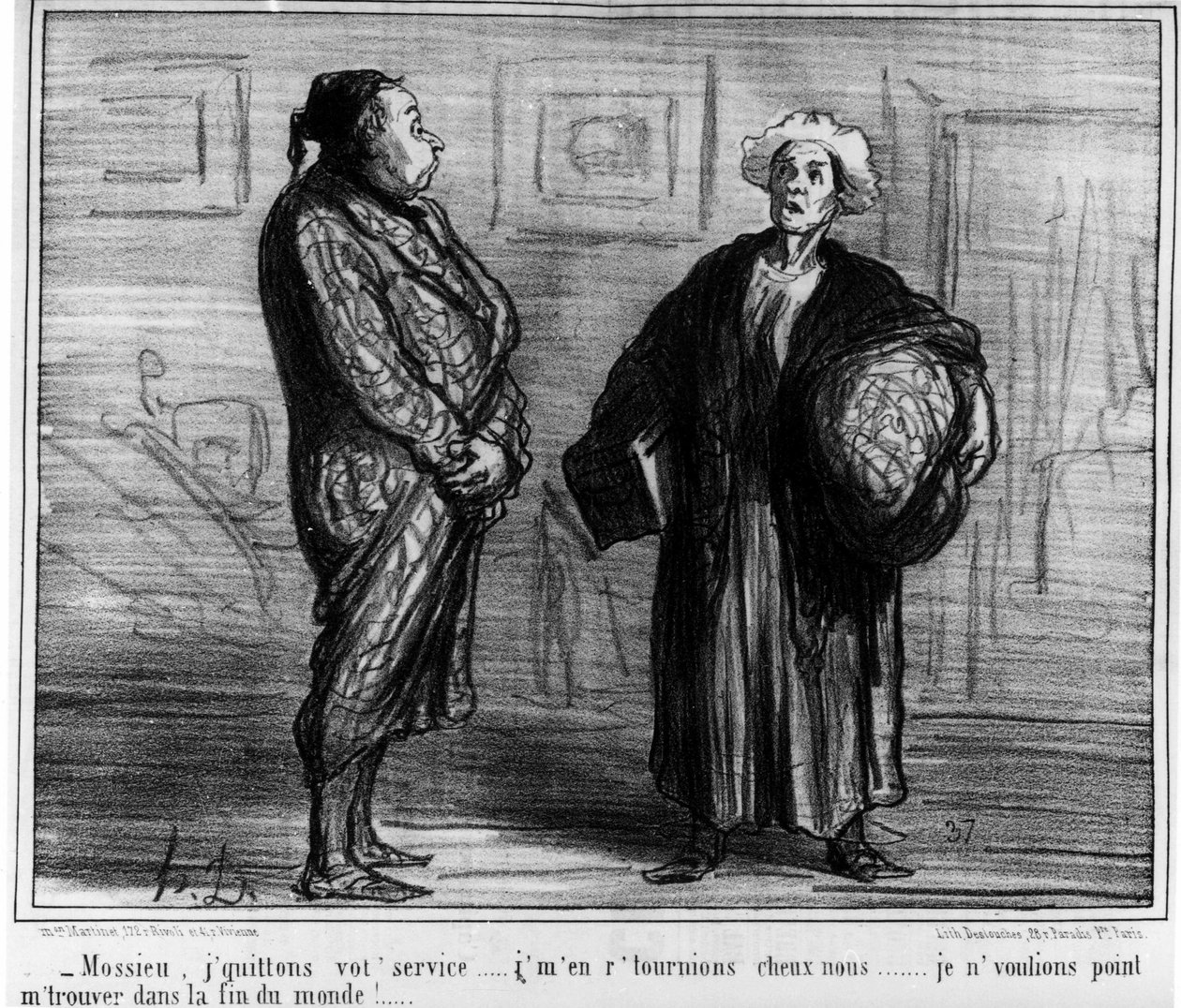 Mossieu, jätän palveluksesi... En halunnut olla maailman lopussa!... Honore Daumierin (1808-1879) sarjakuva. "Charivari" tekijältä Honoré Daumier