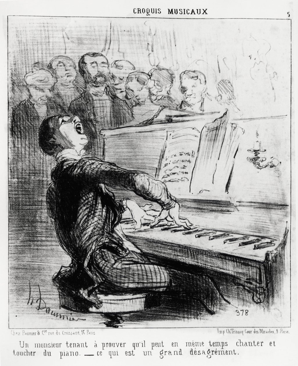 Musiikkisketsejä: herrasmies, joka haluaa todistaa, että hän voi samanaikaisesti laulaa ja koskettaa pianoa, mikä on hyvin häpeällistä. Honore Daumierin (1808-1879) kuvitus, julkaistu Charivarissa, päiväys 17. helmikuuta 1852. tekijältä Honoré Daumier