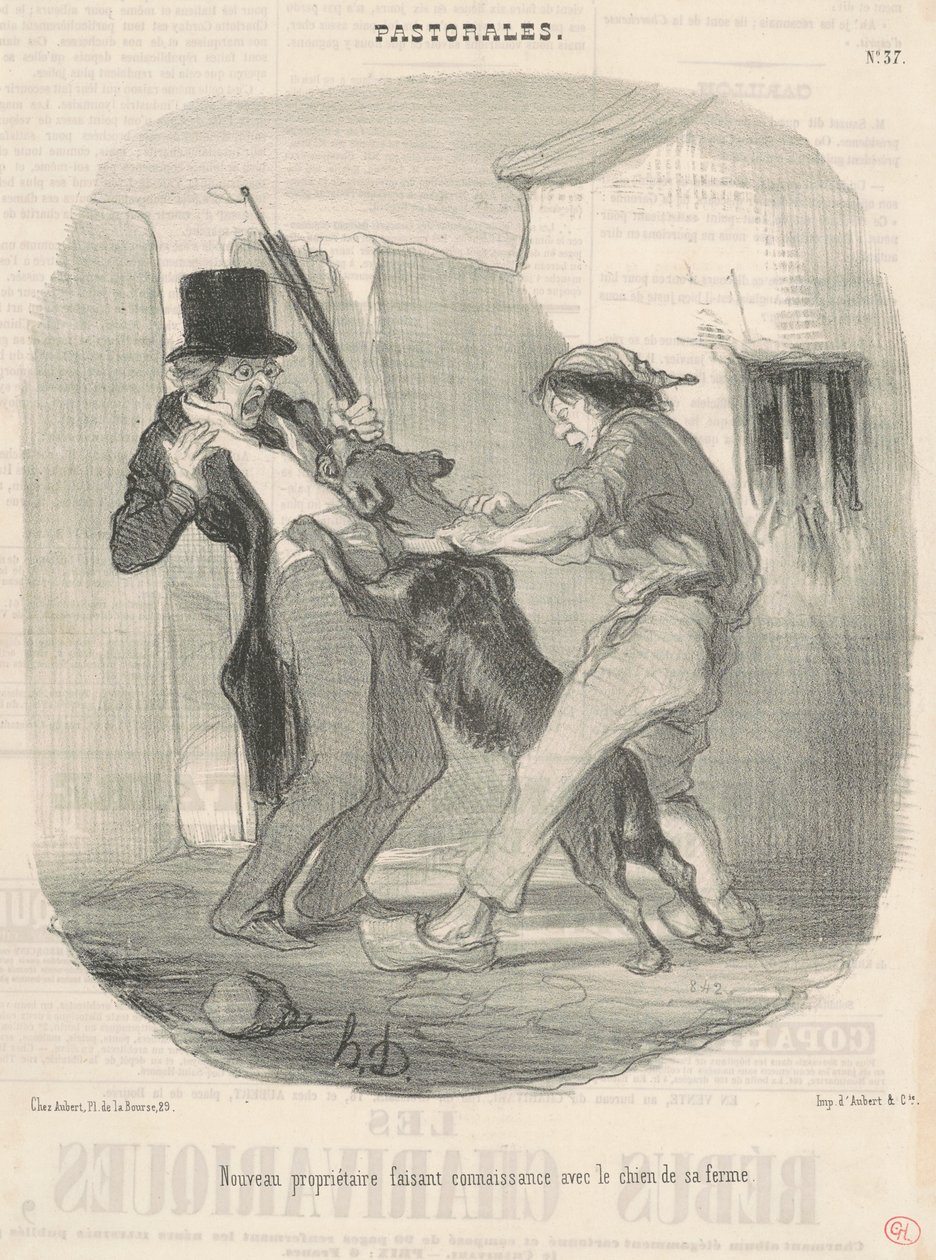 Uusi omistaja tutustumassa koiraan... tekijältä Honoré Daumier