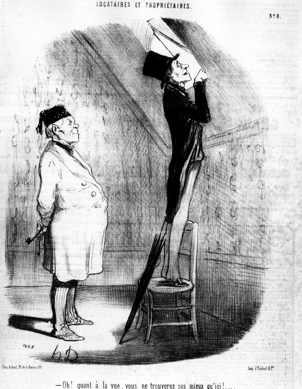 Mitä tulee näköalaan, et löydä parempaa kuin täältä!.... , Honore Daumierin (1808-1879) sarjakuvasarjasta "Tenants et Owners". "Charivari" tekijältä Honoré Daumier