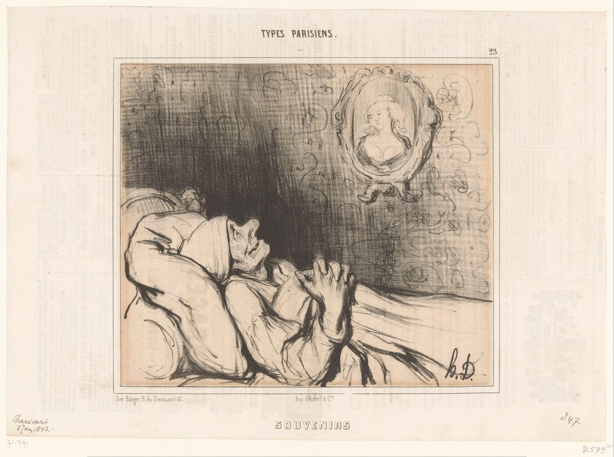 Vanha mies sängyssä tuijottaa nuoren naisen muotokuvaa Matkamuistoja (nimi esineessä) Pariisilaiset tyypit (sarjan nimi) Tyypit Parisiens (sarjan nimi esineellä) tekijältä Honoré Daumier