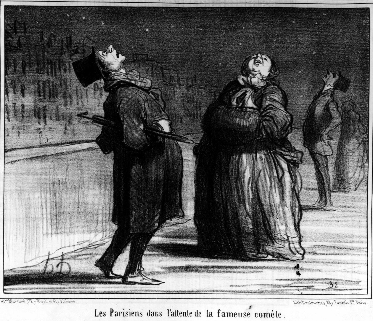 Pariisilaiset odottavat kuuluisaa komeetta, Honore Daumierin (1808-1879) karikatyyri. "Charivari" tekijältä Honoré Daumier