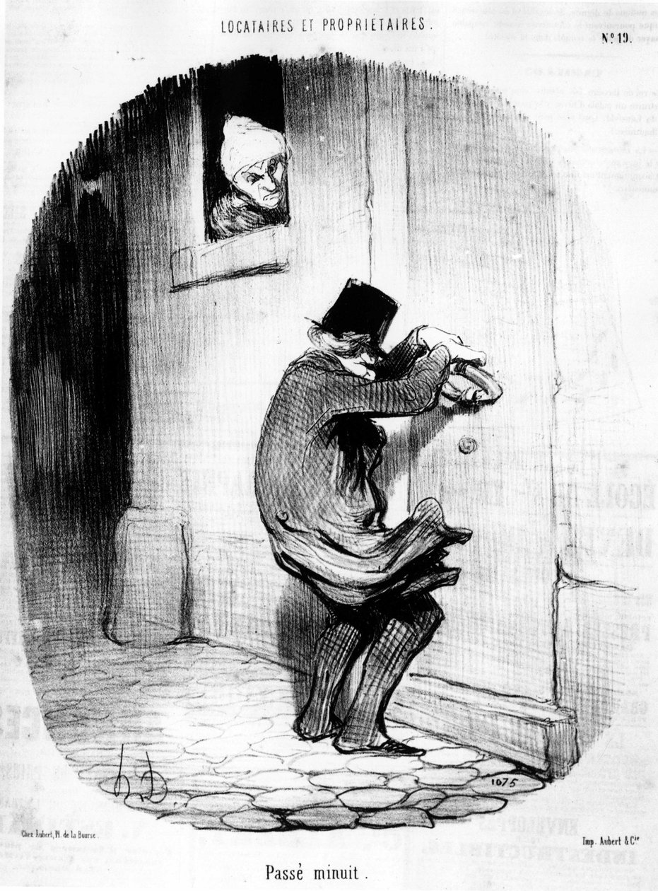 Kului keskiyö. mies palaa myöhään vuokralaiselle, Honore Daumierin (1808-1879) sarjakuvasarjasta "Tenants et Owners". “Charivari” tekijältä Honoré Daumier