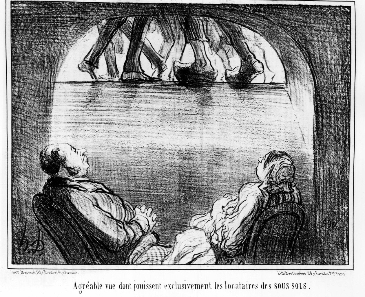 Miellyttävä näkymä, josta nauttivat yksinomaan kellarien vuokralaiset, otettu Honore Daumierin (1808-1879) sarjakuvasarjasta "Tenants et Owners". “Charivari” tekijältä Honoré Daumier