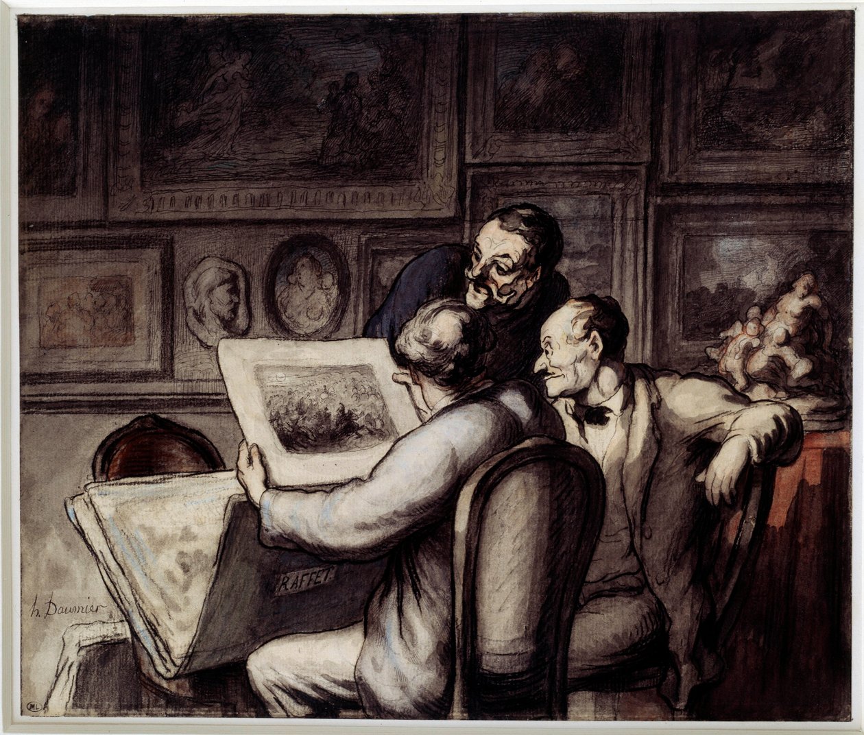 Printtien ystäville. Honore Daumierin (1808-1879) vesiväri, guassi ja musta lyijykynä, kynä ja muste posliinista. Aurinko. 0,26 x 0,31 Musee d